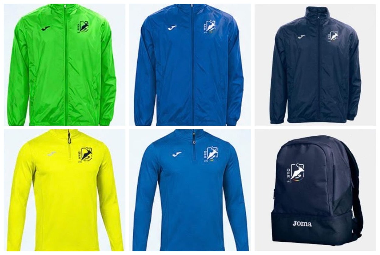 The six Dublin Front Runners reward items: green, blue and navy full-zip jackets, yellow and blue half-zip tops, and a navy backpack